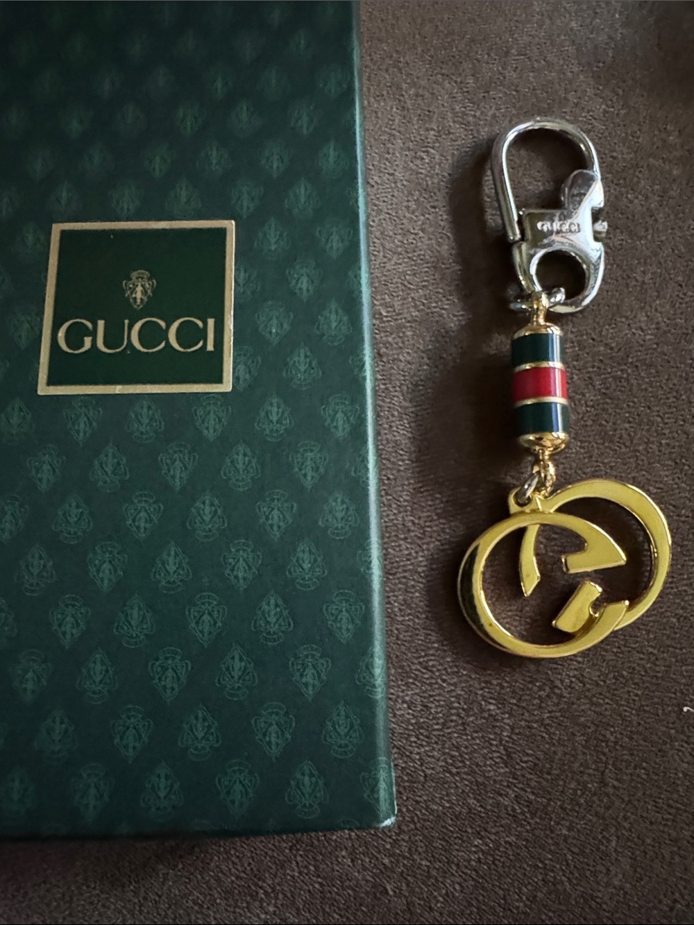 Gucci Gold/Silver Double G Keyring/Bag Charm with Green and Red Enamel Accent